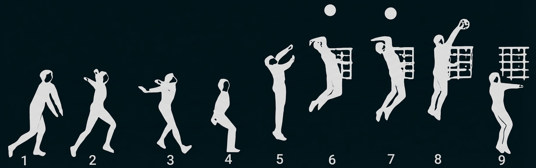 Sequenz einer Volleyball-Aktion: Anlauf, Absprung und Schlag über dem Netz.